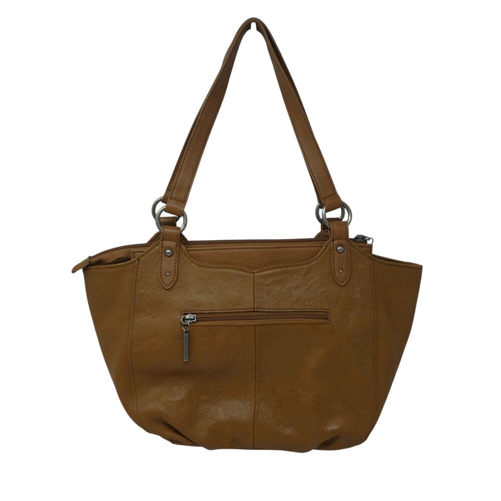 The Sak Bolinas Caramel Brown Floral Embossed Leather Satchel Bucket Bag Purse - Picture 3 of 13